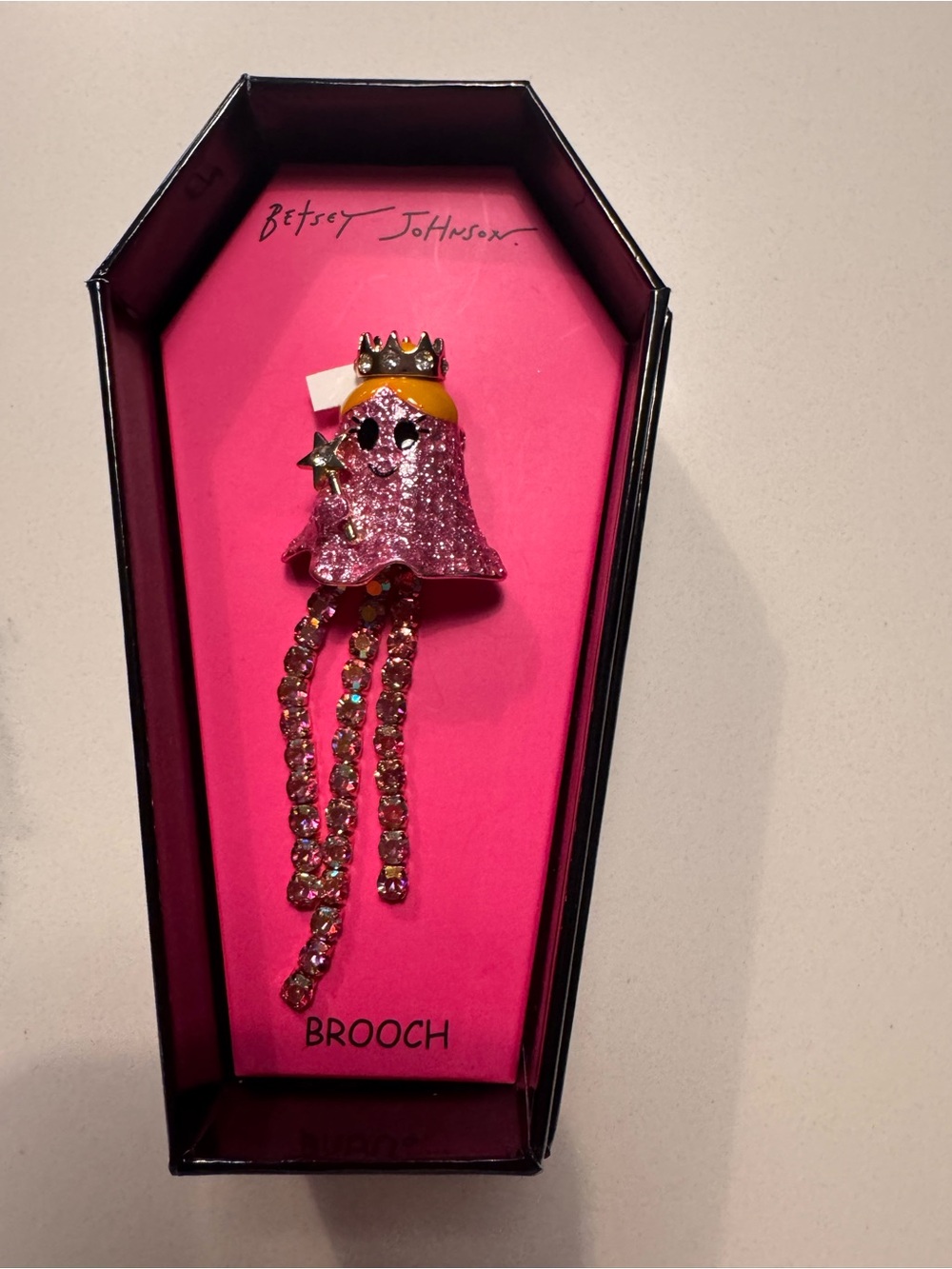 Betsey Johnson Pink Glitter Crowned Ghost Brooch with Rhinestone Tassels